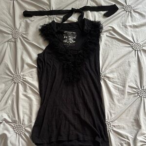 Black Fuzzy Trim Tank Top